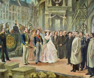 Baron Georges-Eugene Haussmann (1809-91) Napoleon III (1808-73) og keiserinne Eugenie (1826-1920) på besøk til arbeiderne ved operaen av Ed. Gilis