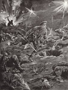 Løytnant Benjamin Geary skynder seg, under kraftig granatild, til en grøft til høyre for Hill 60 for å komme i kontakt med en offiser, Ypres, Belgia, april 1915