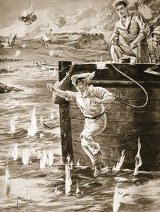 Midshipman Malleson hoppet med en line fra en lekter for å koble sammen en annen lekter som drev