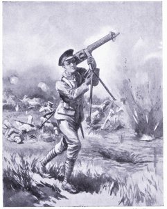 Menig Lynn bærer bort et maskingevær for reparasjon under kraftig ild i slaget ved Aisne. Tildelt DCM 1915 av Edgar Alfred Holloway
