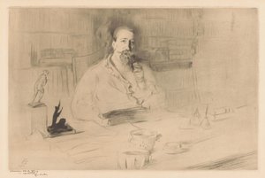 Portrett av Anatole France bak skrivebordet hans av Edgar Chahine (signed by artist)