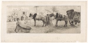Utsikt over en bulevard med hester spent foran en vogn og en kvinne med barnevogn av Edgar Chahine