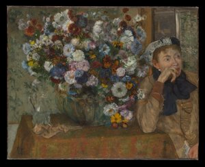 En kvinne sittende ved siden av en blomstervase (Madame Paul Valpinçon) av Edgar Degas