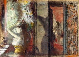 Skuespillerinner omkledningsrom, ca. 1885 (pastell over etsing på papir) av Edgar Degas