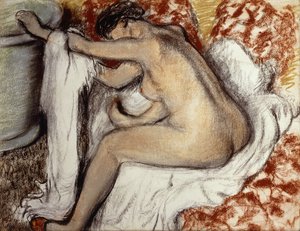 Etter badet, kvinne tørking; Etter badet tørker kvinnen seg, ca. 1884 av Edgar Degas
