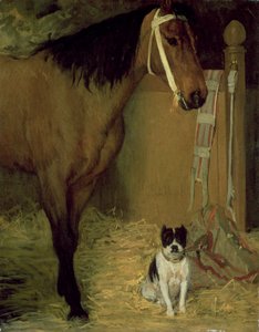 På stallen, hest og hund, ca. 1862 av Edgar Degas