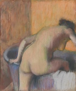 Bather Stepping into a Tub, ca. 1890 (pastell og kull på blått papir montert på støttebrett)