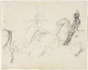 Kampscene med pansrede figurer på hesteryggen rettet mot to sittende kvinner verso, 1856-1860. av Edgar Degas