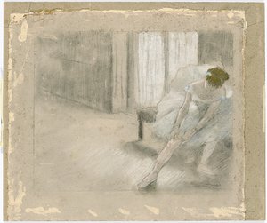 Danser Sittende, Justerer strømpen sin, Danseuse tirant sønn maillot av Edgar Degas