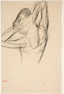 Danser setter håret; halv figur i profil til venstre, halvparten bakfra av Edgar Degas