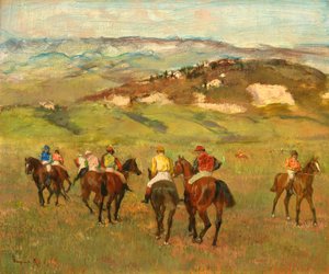 Jockeyer på hesteryggen før Distant Hills, 1884 av Edgar Degas