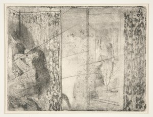 Loges d’Actrices (skuespillernes omkledningsrom), ca. 1875 (etsing og akvatint) av Edgar Degas