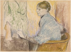 Madame Henri Rouart i en lenestol foran et lite bord med en Tanagra-statuett av Edgar Degas