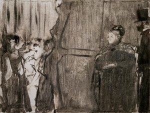 Møt Ludivic Halevy og Madame Cardinal bak kulissene. Rundt 1876-1877. Monotype har svart blekk. av Edgar Degas