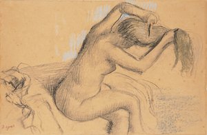 Naken kvinne styler håret hennes; Naken kvinne som kjemmer håret, ca. 1890-1895