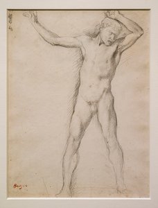 Nakent ansikt, armer hevet, ca 1859-1861. Grafitt på velinpapir. av Edgar Degas