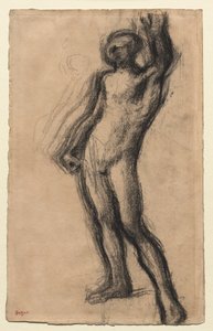 Naken mann stående, med venstre hånd hevet, ca. 1900. av Edgar Degas