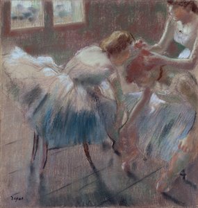 Three Dancers Preparing for Class, ca. 1880 (pastell på brunfarget vevd papir) av Edgar Degas