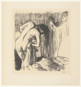 Kvinne tørker av etter badet og får klær fra kvinnen La Sortie du bain av Edgar Degas