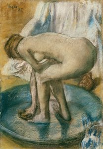 Kvinne bader i et grunt badekar, 1885 (Kull og pastell på lysegrønt vevd papir lagt på silkebolter)