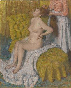 Kvinne som har håret kjemmet, ca. 1886-88 (pastell på lysegrønt vevd papir festet til feste til masseplate)