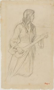 Ung kvinne som spiller mandolin, studere for portrett av Mlle. Fiocre i balletten "La Source" av Edgar Degas