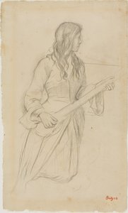 Ung kvinne som spiller mandolin, studie til portrett av Mlle. Fiocre i balletten «La Source» av Edgar Degas
