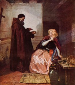 Shakespeare: Juliet and Friar Laurence, Romeo and Juliet, Act IV, Scene 1 (farge litho) av Edgar Melville (after) Ward
