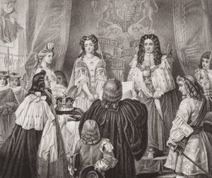 Kronen tilbudt William og Mary av Lords and Commons i Whitehall, 12. februar 1689, fra `Illustrations of English and Scottish History