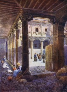 Nord-Spania: Burgos, uteplass til Casa de Miranda (farge litho) av Edgar T. A. Wigram