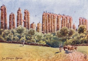 Nord-Spania: Merida, "Los Milagros," ruinene av den store akvedukten (farge litho)