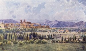 Nord-Spania: Pamplona, Fra veien til grensen (farge litho) av Edgar T. A. Wigram