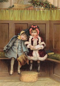 To jenter i kirken julemorgen (chromolitho) av Edith S. Berkeley