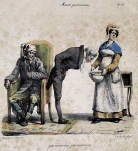 Syk, lege ser i gryten og tjener. Tegneserie av parisisk moral av Pigal (1800-tallet), bevart på Musee Dobree i Nantes. av Edme Jean (after) Pigal