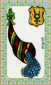 tarot av magus Belline tegnet av Edmond Billaudot c. 1845 og gitt til den klarsynte Belline for ny utstedelse: pengenes kort: mynter i et overflodshorn av Edmond Billaudot