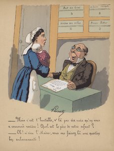 En mor som registrerer babyen sin på rådhuset (farge litho)