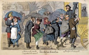 En omnibusstasjon i regnet - humoristisk tegning av Lavrate, ca 1880