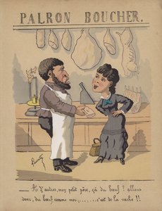 På en slakterbutikk (farge litho)