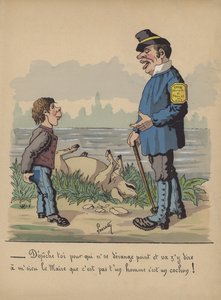 Viltholder og gutt med en død gris (farge litho)
