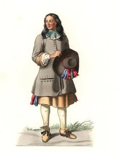 Fransk bonde fra 1600-tallet, etter en gravering fra 1679, av Jean Saint Jean - Litografi av en illustrasjon av Edmond Lechevallier-Chevignard (1825-1902), fra "Costumes historiques des 16e av Edmond Lechevallier Chevignard