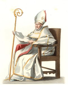 Spansk Eveque 1500-tallet, basert på et maleri av Bartolome Murillo (1617-1682) - Litografi basert på en illustrasjon av Edmond Lechevallier-Chevignard (1825-1902), fra "Costumes historiques des 16th av Edmond Lechevallier Chevignard