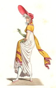 Ung fransk kvinne kledd i 1700-talls mote, etter et maleri av Carle Vernet (1758-1836) - Litografi etter en illustrasjon av Edmond Lechevallier-Chevignard (1825-1902), fra "Costumes historiques des 16th" av Edmond Lechevallier Chevignard