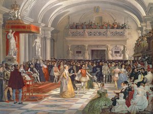 Bryllupet til Henri de Bourbon, konge av Navarra, til Marguerite de Valois i nærvær av Catherine de Medici og Charles IX i 1572, 1862
