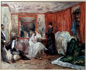 Teaterkomiker Hortense Schneider (1833-1920), elskerinne til Jacques Offenbach (1819-1890), representerer til venstre i garderoben hennes på Theatre des varietes. Akvarell av Edmond Morin (1824-1882) 1873 Compiegne, Castle Museum av Edmond Morin