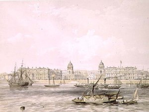 Greenwich Hospital, gravert av Thomas Picken (fl.1838-d.1870), pub. 1852 av Lloyd Bros. & Co. (litografi) av Edmund (after) Walker