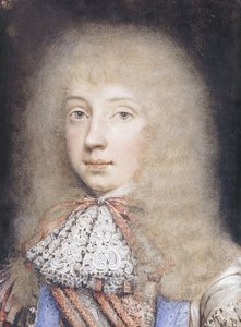 Portrett av Edward Stuart, bystelengde, med flytende hår og blonder, av Edmund Ashfield