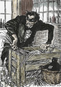 Dr. jekyll søker desperat etter pulveret som lar ham forringe karakteren hans som Mr Hyde, Illustrasjon av Edmund Joseph Sullivan (1869-1933) for romanen L'Etrange Cas du dr Jekyll et de Mr Hyde"" av Robert Louis Stevenson (1850-1894) ) 1927  av Edmund Joseph Sullivan