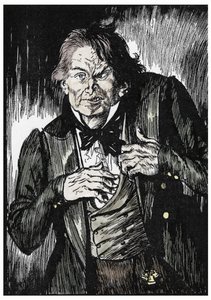 Mr Hyde etter å ha tatt motgiften blir til Dr Jekyll, Illustrasjon av Edmund Joseph Sullivan (1869-1933) for romanen L'Etrange Cas du dr Jekyll et de Mr Hyde" av Robert Louis Stevenson (1850-1894) 1927 (Mr Hyde, har tatt motgiften, vender tilbake  av Edmund Joseph Sullivan