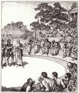 Sokrates foran dommerne hans (litho) av Edmund Joseph Sullivan