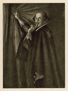 William Shakespeare holder forhenget og ber oss være stille (litho) av Edmund Joseph Sullivan